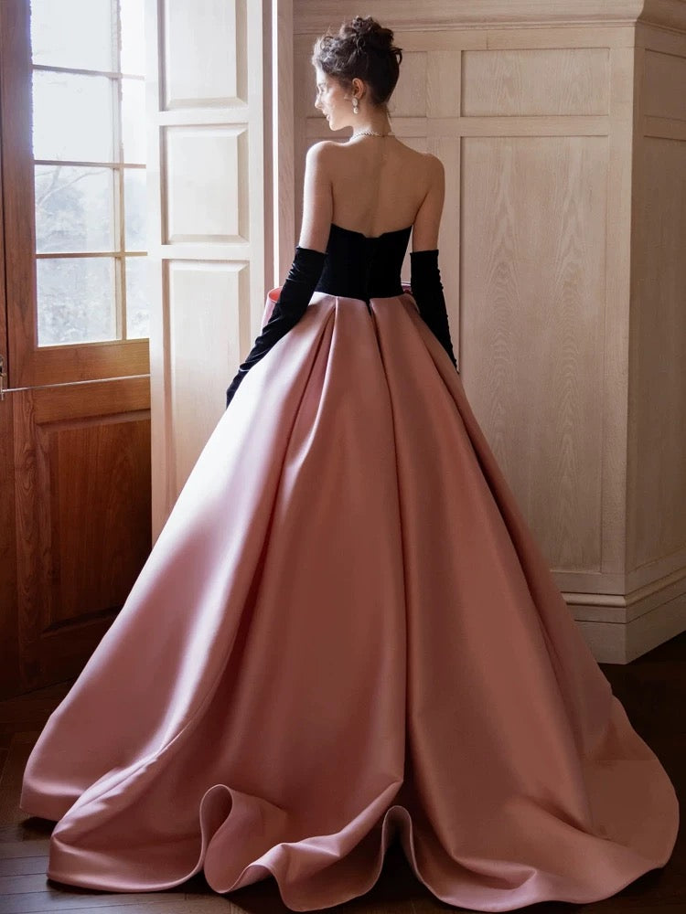 Modest Ball Gown Strapless Pink Prom Dress With Bow Long Evening Dresses C1652