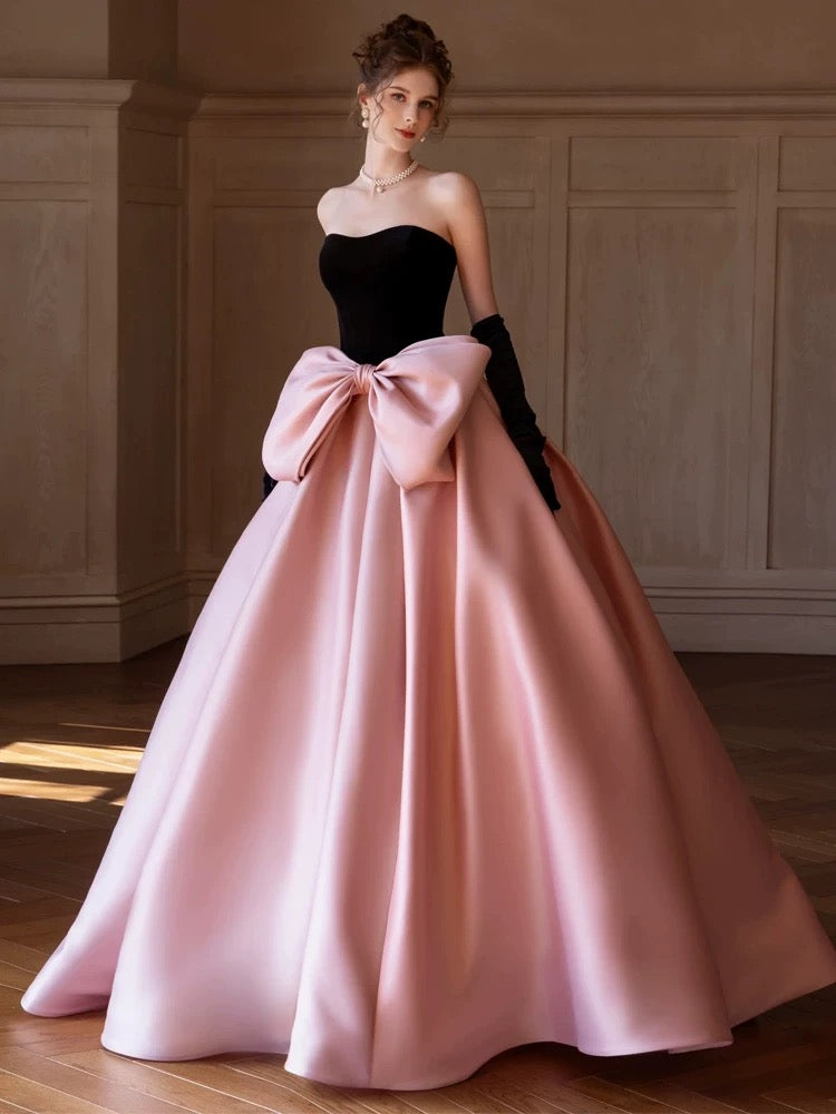 Modest Ball Gown Strapless Pink Prom Dress With Bow Long Evening Dresses C1652