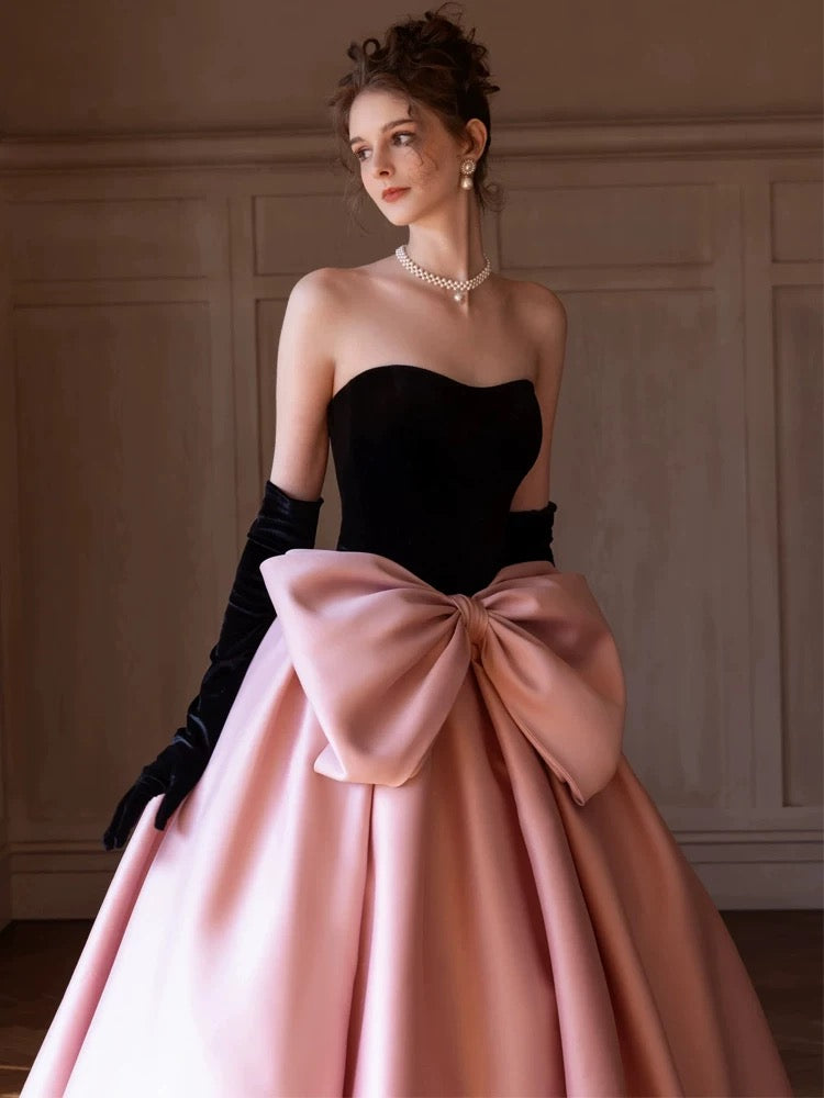 Modest Ball Gown Strapless Pink Prom Dress With Bow Long Evening Dresses C1652