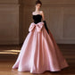 Modest Ball Gown Strapless Pink Prom Dress With Bow Long Evening Dresses C1652