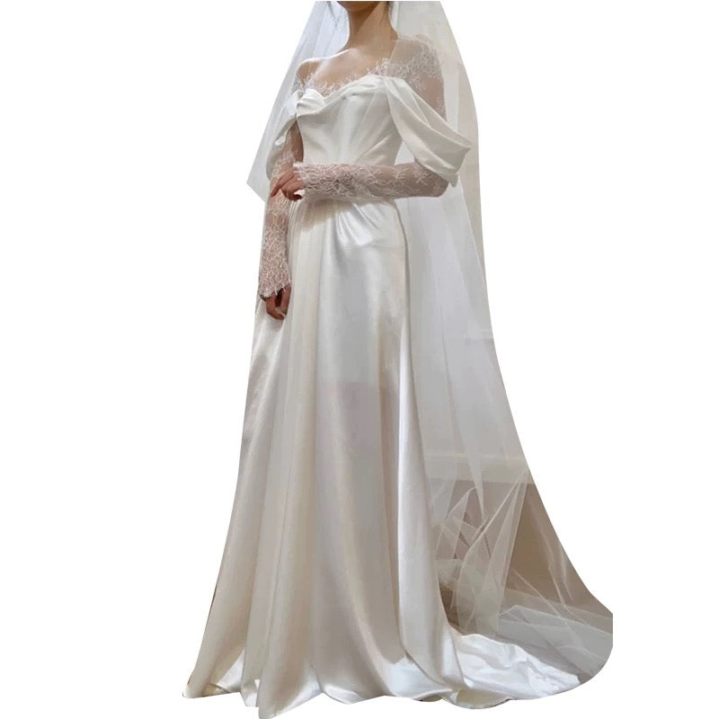 Timeless A Line Off The Shoulder Long Lace White Wedding Dresses With Slit C1655