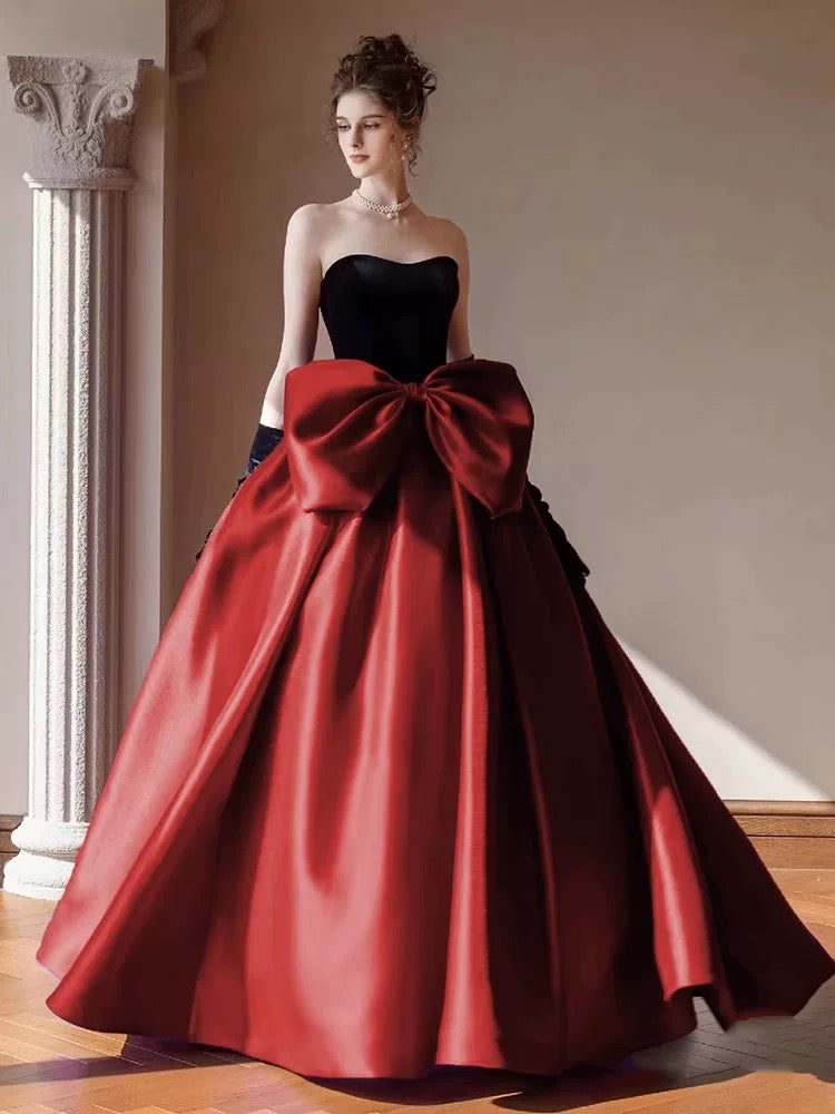 Modest Ball Gown Strapless Burgundy Prom Dress With Bow Long Prom Dresses C1656