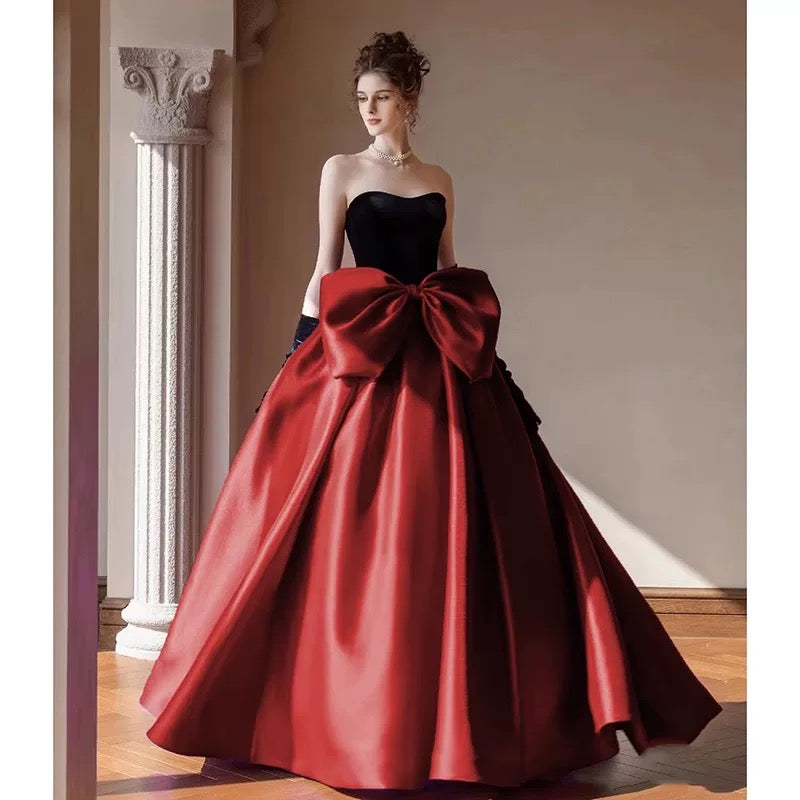 Modest Ball Gown Strapless Burgundy Prom Dress With Bow Long Prom Dresses C1656