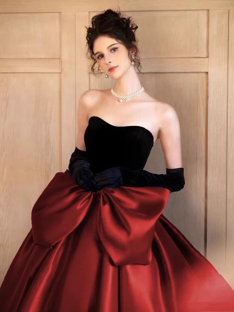 Modest Ball Gown Strapless Burgundy Prom Dress With Bow Long Prom Dresses C1656