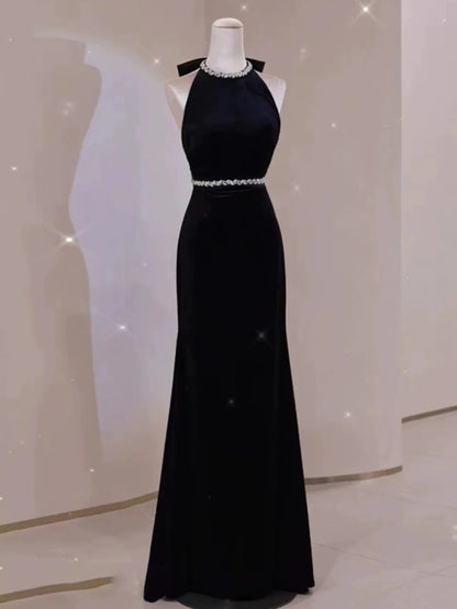 Elegant Sheath Sleeveless Black Velvet Backless Long Prom Dresses C1658