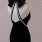 Elegant Sheath Sleeveless Black Velvet Backless Long Prom Dresses C1658