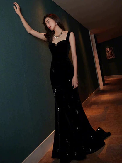 Elegant Sheath Straps Sleeveless Black Velvet Silver Beads Long Prom Dresses C1659