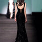 Elegant Sheath Straps Sleeveless Black Velvet Silver Beads Long Prom Dresses C1659