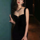 Elegant Sheath Straps Sleeveless Black Velvet Silver Beads Long Prom Dresses C1659