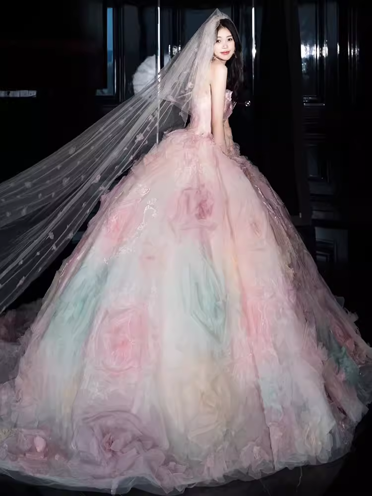 Robe de bal mignonne, décolleté sans bretelles, en Tulle, fleurs roses, robe de mariée C165