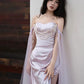 Elegant Sheath Off The Shoulder Lilac Silk Satin Long Prom Dresses C1661