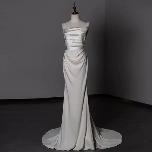 Timeless Sheath Straps Long Satin White Wedding Dresses With Beads C1665