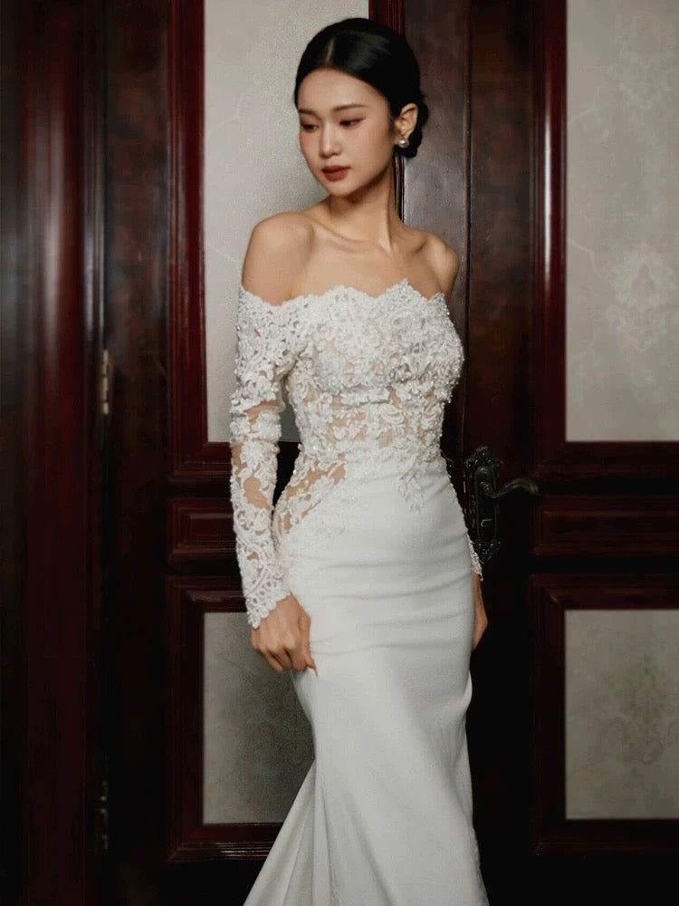 Unique Mermaid Off The Shoulder Lace Long Sleeves White Wedding Dresses C1668