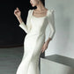 Unique Mermaid Square Neckline Long Sleeves White Satin Wedding Dresses CC1670