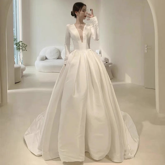 Unique A line V Neckline Long Sleeves Satin White Wedding Dresses CC1671