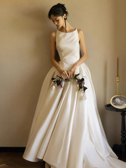 Unique Ball Gown Scoop Satin Backless Long White Wedding Dresses C1674