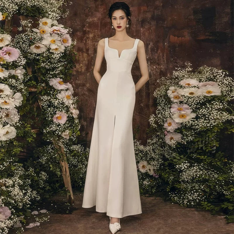 Unique Sheath Straps Satin Long White Slit Wedding Dresses C1676