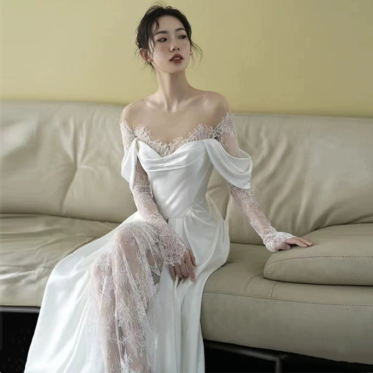 Unique Sheath Off The Shoulder Satin Long Sleeves White Slit Wedding Dresses C1677