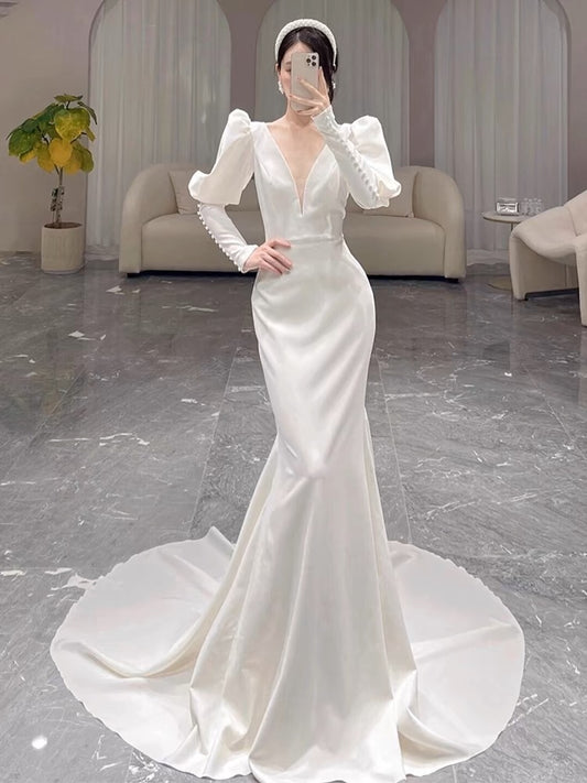 Sexy Mermaid V Neckline Satin Long Sleeves White Wedding Dresses With Buttons C1678