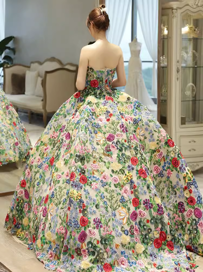 Robe de bal vintage sans bretelles en tulle fleurs robe de mariée C167