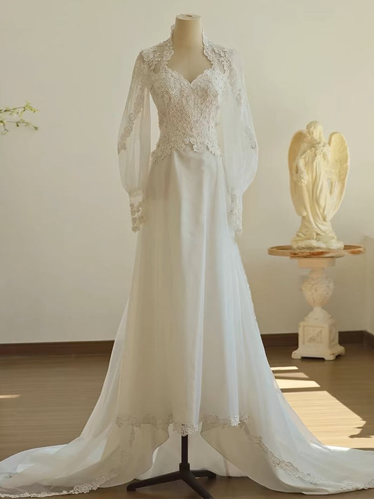 Chic A line Sweetheart Lace Long Sleeves White Wedding Dresses C1680