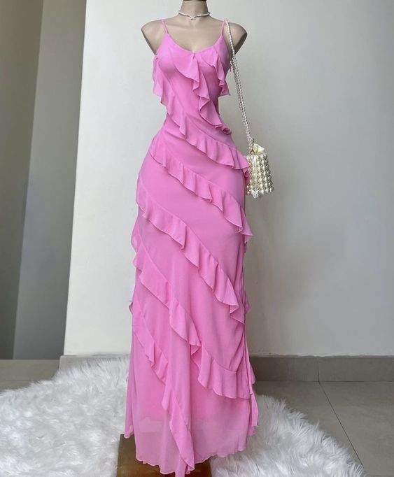 Elegant Sheath Spaghetti Straps Chiffon Pink Long Prom Dresses C1686