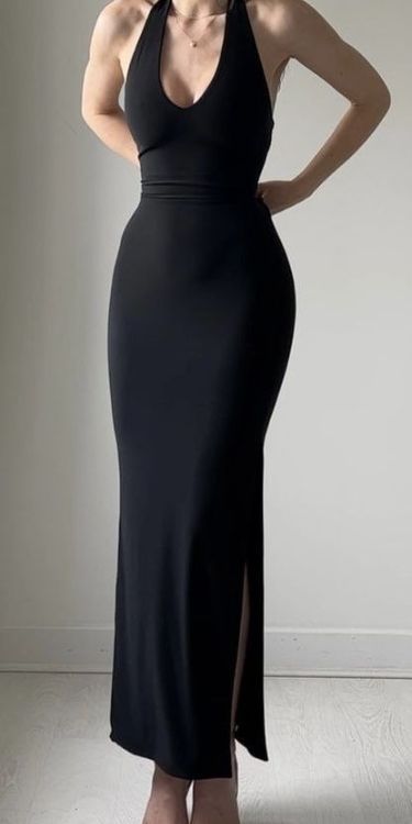 Modest Sheath Halter Black Long Prom Dress Evening Dresses With Side Split C1695