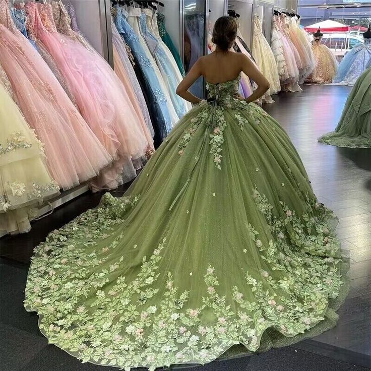 Modest Ball Gown Sweetheart Tulle Long Sage Green Formal Sweet 16 Dress Prom Dresses C1699