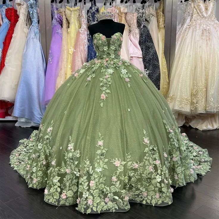 Modest Ball Gown Sweetheart Tulle Long Sage Green Formal Sweet 16 Dress Prom Dresses C1699