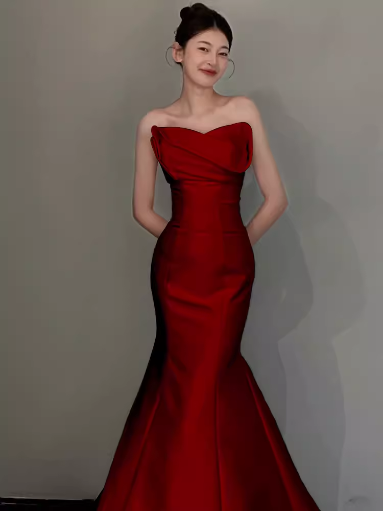 Simple Mermaid Strapless Red Satin Long Prom Dresses C16