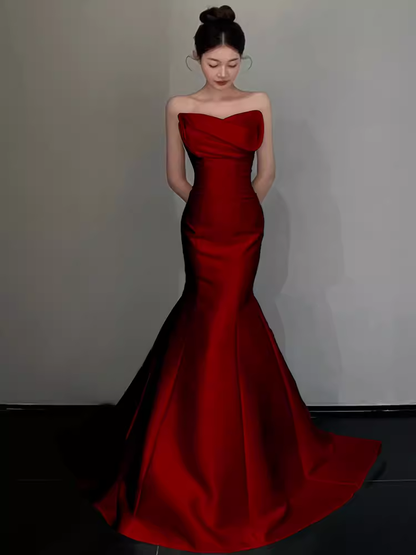 Simple Mermaid Strapless Red Satin Long Prom Dresses C16