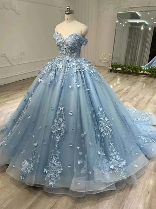 Modest Ball Gown Off The Shoulder Sweetheart Tulle Long Light Sky Blue Sweet 16 Dresses C1700