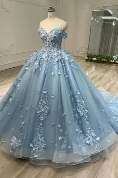 Robe de bal modeste à épaules dénudées en tulle bleu ciel clair, robe Sweet 16 C1700