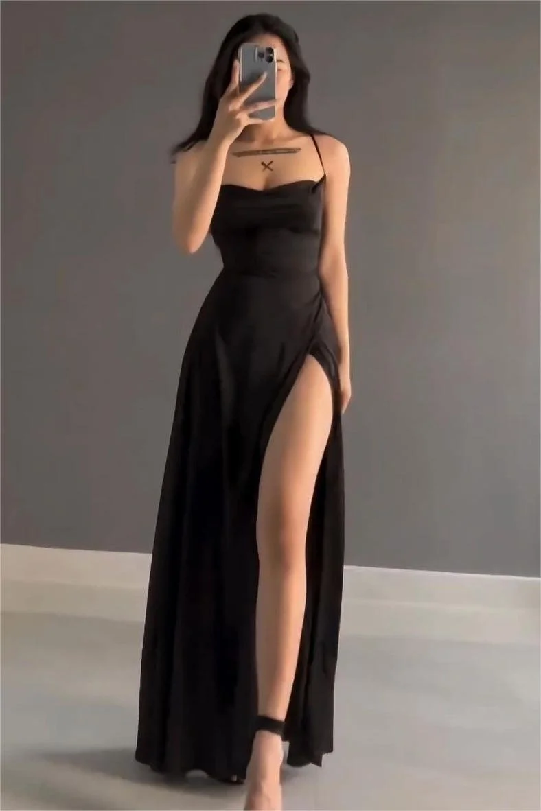 Modest Sheath Straps Black Long Prom Dress Evening Dresses With Slit C1709