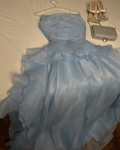 Robe de soirée longue bleu ciel à bretelles spaghetti modeste et ligne A C1716