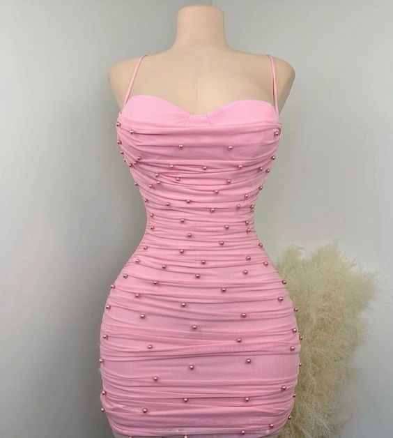 Simple Sheath Straps Pink Short Pearls Homecoming Dresses C1720