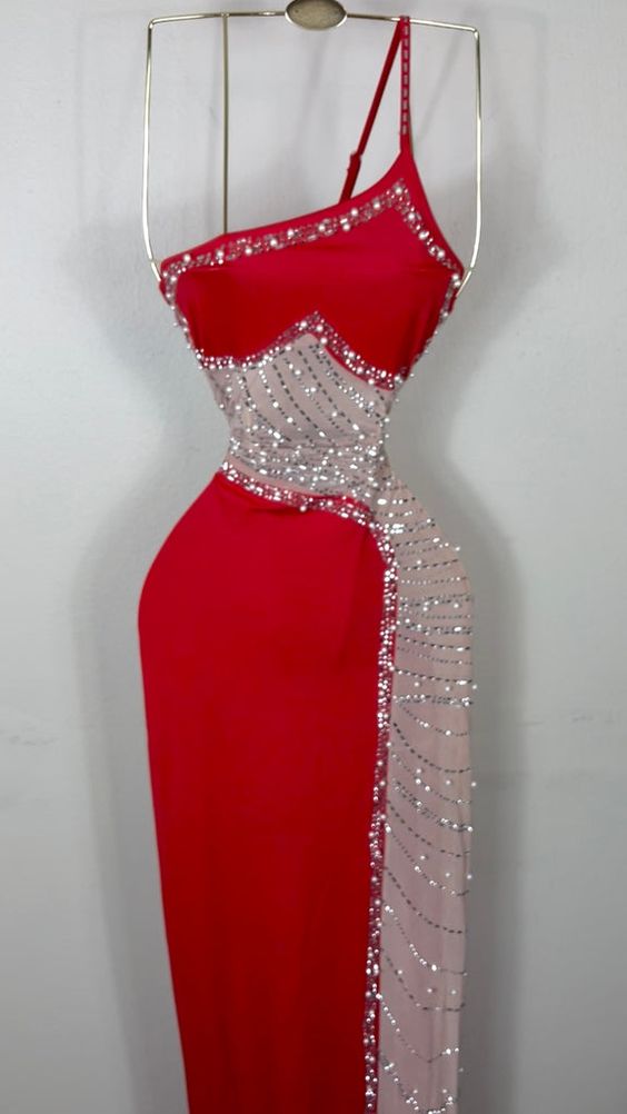 Modest Sheath One Shoulder Red Long Prom Dress Evening Dresses With Beads C1721