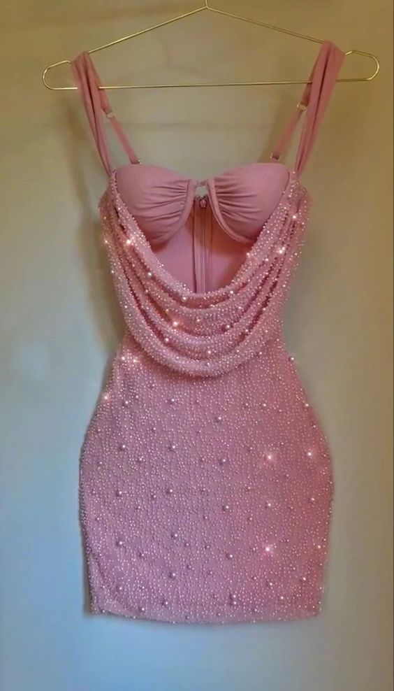 Simple Sheath Spaghetti Straps Pink Short Pearls Homecoming Dresses C1722