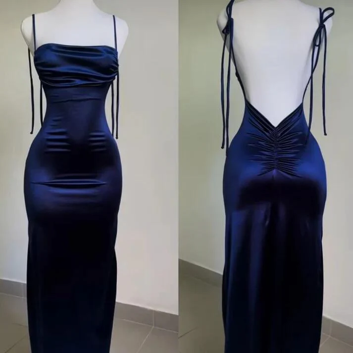 Navy Blue Sheath Long Prom Dress Backless Evening Party Dress C1724