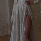 Modest A Line Strapless Sequin Long Prom Dress Slit Evening Dresses With Gloves C1727