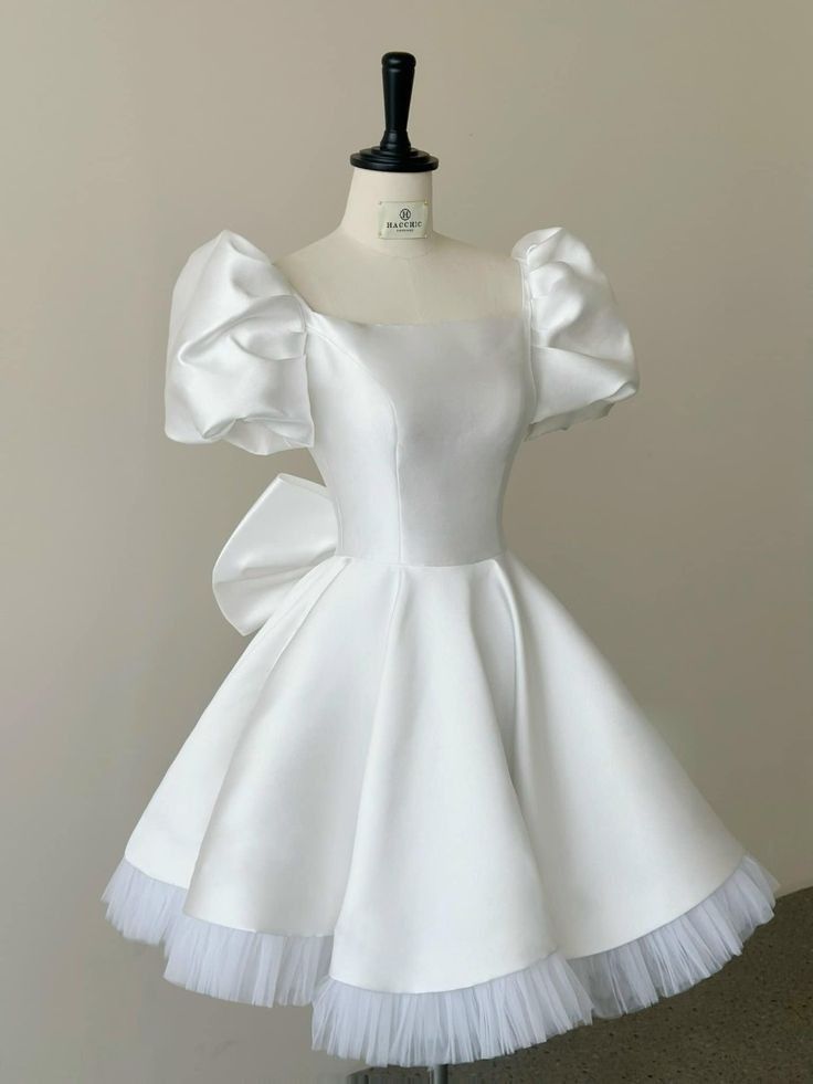 Simple A line Short Sleeves White Short Homecoming Dresses With Ruffles C1739