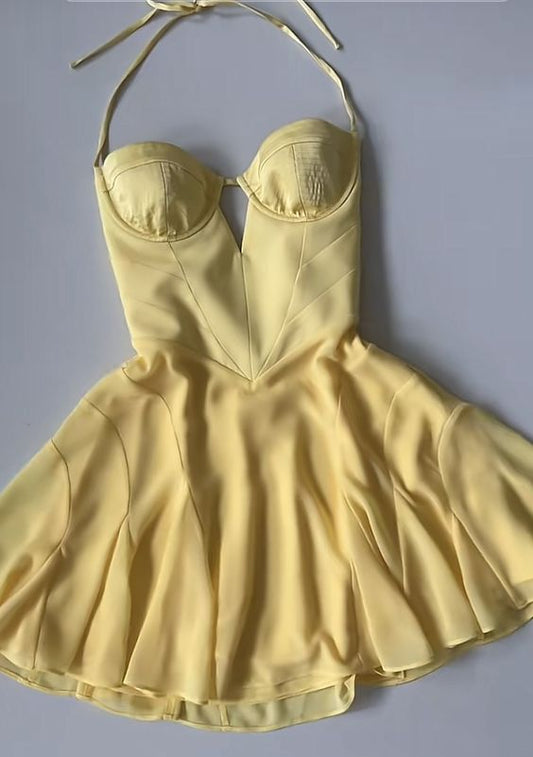 Cute A line Straps Yellow Short Ruffles Homecoming Dresses C1748