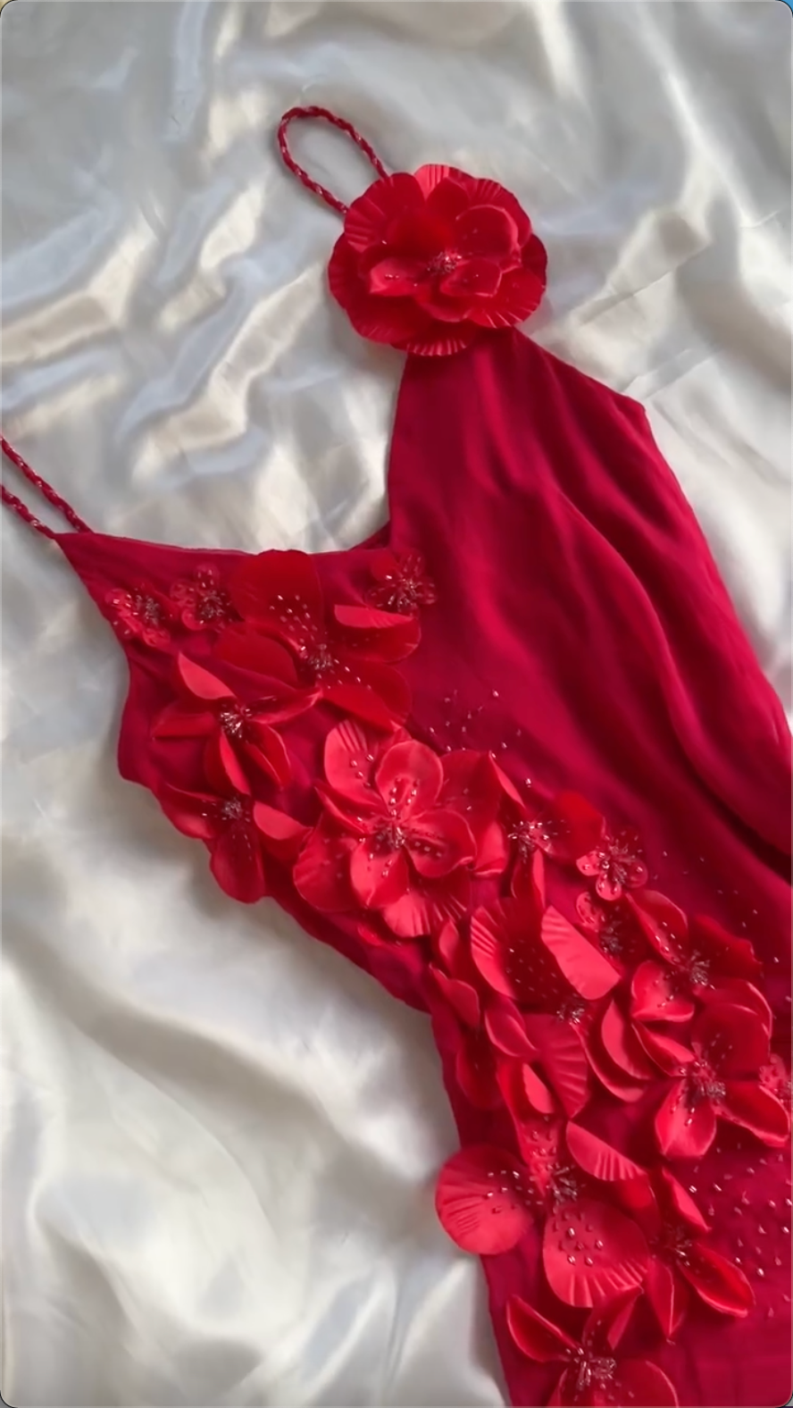 Simple A Line Spaghetti Straps Chiffon Red Prom Dress Formal Dress With Flowers C1755