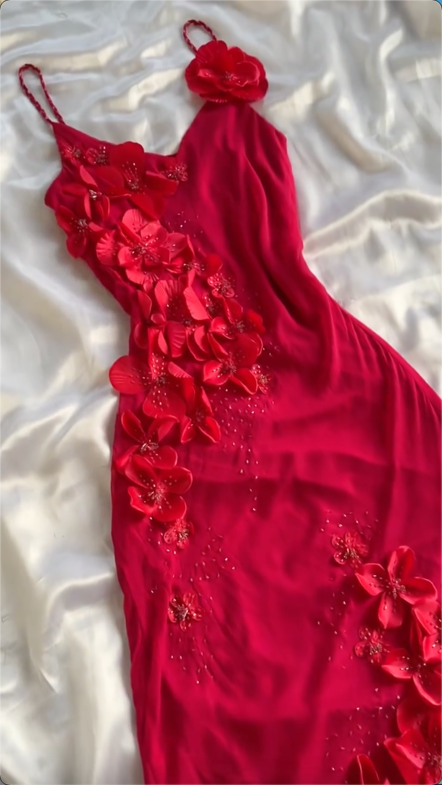 Simple A Line Spaghetti Straps Chiffon Red Prom Dress Formal Dress With Flowers C1755