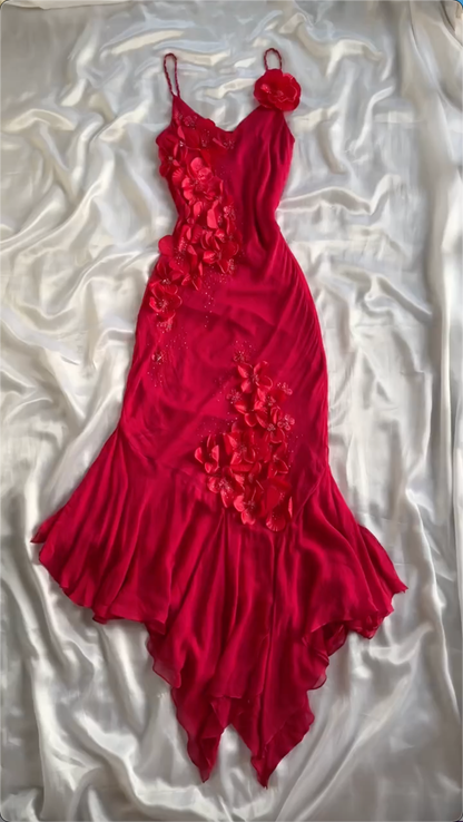 Simple A Line Spaghetti Straps Chiffon Red Prom Dress Formal Dress With Flowers C1755