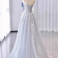 Modest A line Strapless Neckline Gray Sequin Long Prom Dress Evening Dresses C1756