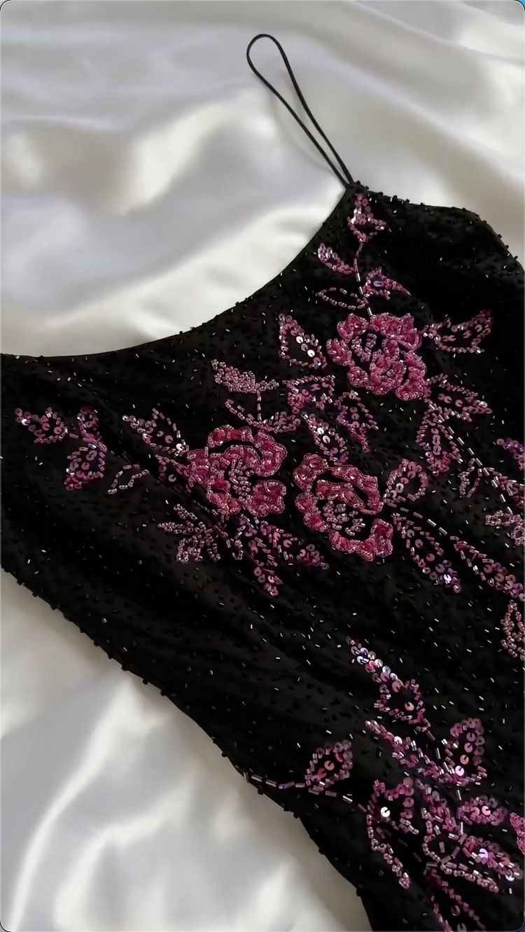 Modest A Line Spaghetti Straps Black Sequin Prom Dress Formal Dress With Flower Beads C1757