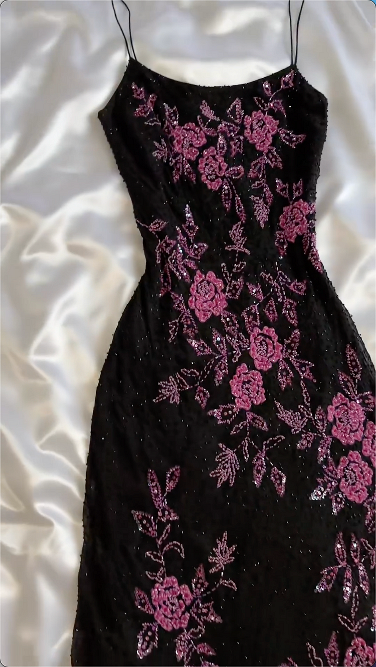 Modest A Line Spaghetti Straps Black Sequin Prom Dress Formal Dress With Flower Beads C1757