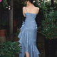 Elegant Sheath Spaghetti Straps Sky Blue Vintage Floral Dress Asymmetrical Hem Prom Dresses C1760