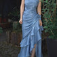 Elegant Sheath Spaghetti Straps Sky Blue Vintage Floral Dress Asymmetrical Hem Prom Dresses C1760